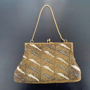 Gold, Creme & Grey Beaded Evening Clutch